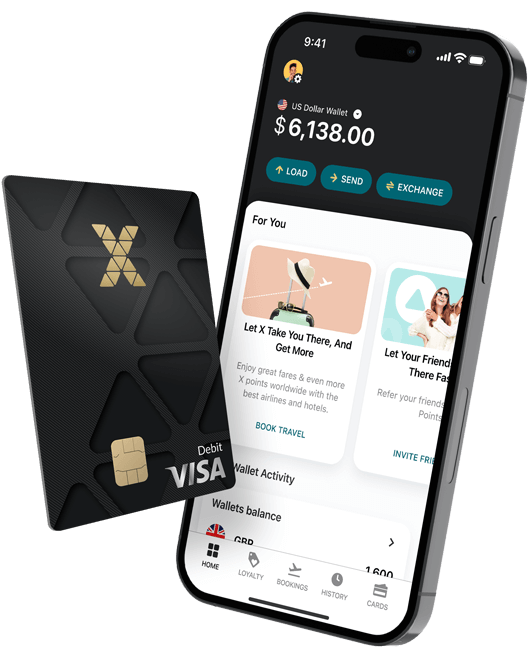 X Visa debit card and iPhone device showing the X World Wallet App